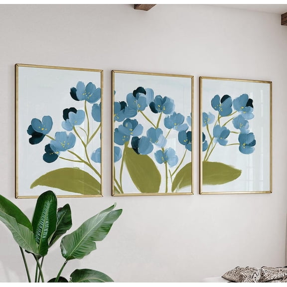 Blue Floral Botanical Wall Art Modern Minimal Prints Set 3 Unframed Paper Print 8x12