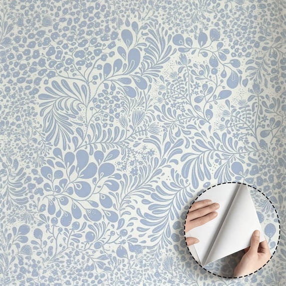 Blue Floral Botanical Wallpaper, Vintage Minimalist Aesthetic Peel and Stick Wallpaper, Waterproof Self Adhesive Wall Decoration for Bedroom, Living Room, Kitchen Cabinet, Drawer, 17.7 * 118 in