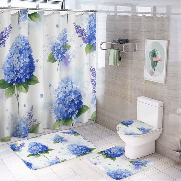 Blue Floral Bouquet Pattern Shower Curtain Set Modern Bathroom Decor Mats 4pcs Fabric Bathroom Curtain Slip Floor Rug Toilet Lid