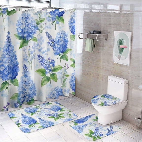 Blue Floral Bouquet Pattern Shower Curtain Sets Non-Slip Rugs Bath Mat Toilet Cover U Shaped Mat 4 Pcs
