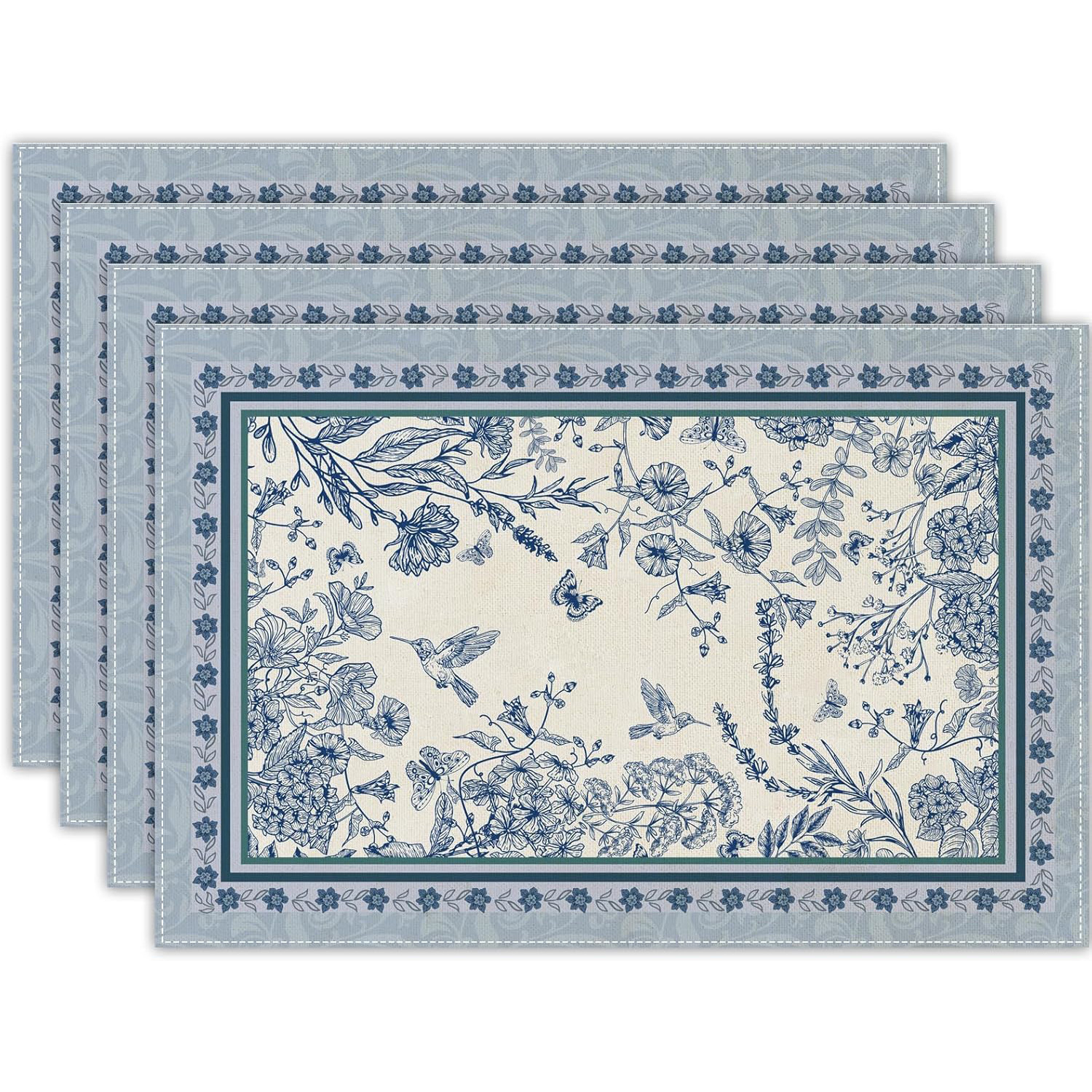 Blue Floral Branches Placemats Set of 4 ，12 x 18 Inch Chinoiserie Table ...