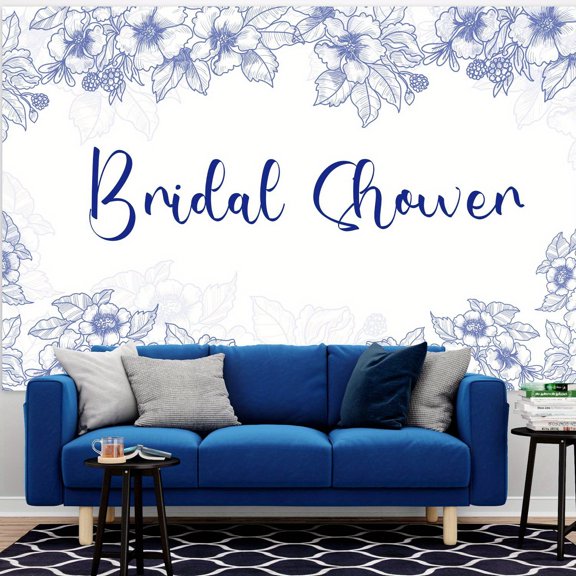 Blue Floral Bridal Shower Backdrop, 4.9 x 3.3 ft Vinyl Wedding Shower Background Cloth with Corner Grommets and White Satin Ribbon, Blue Flower Party Photo Booth Wall Decor for Bride Celebration Kit