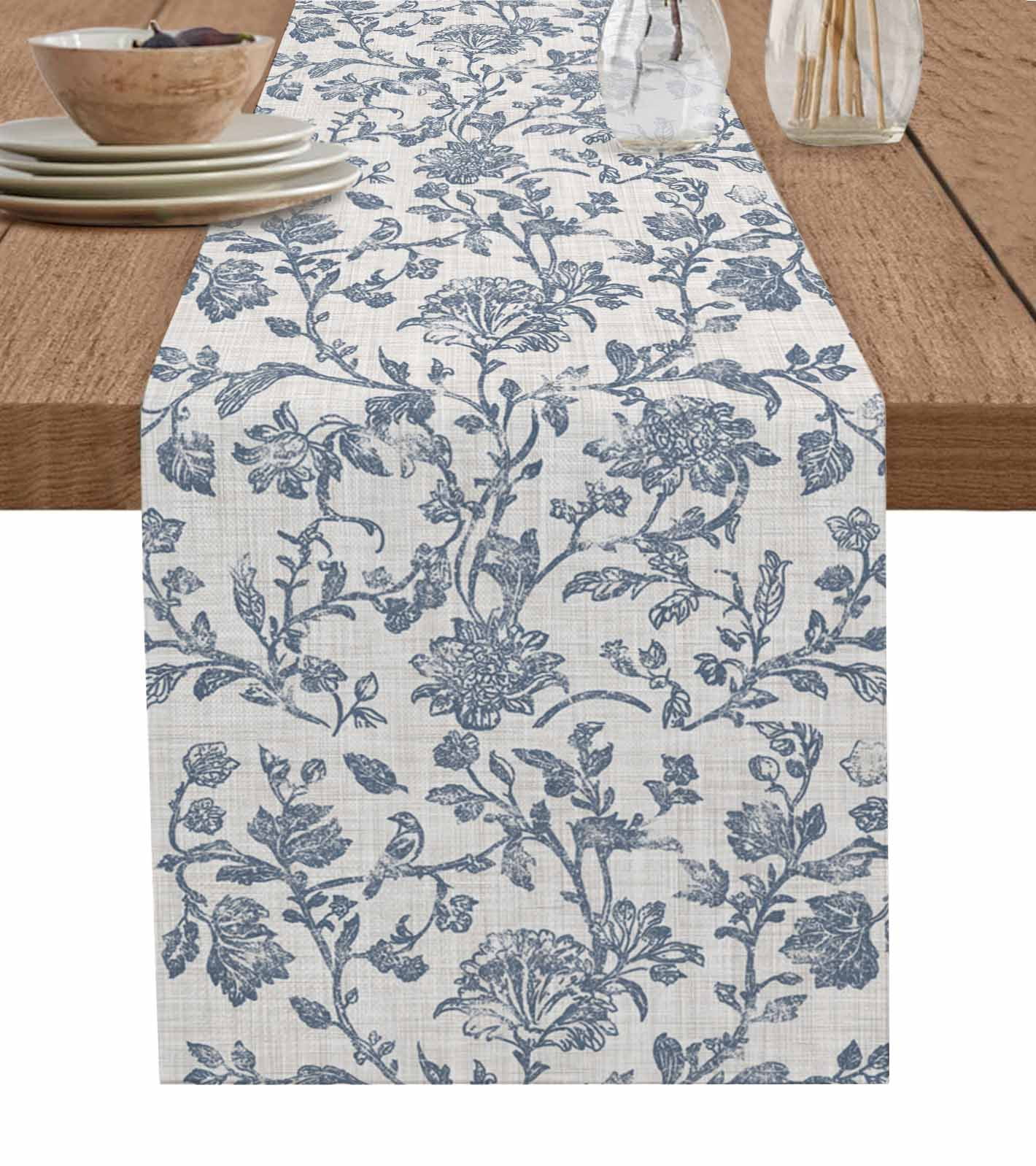 Blue Floral Burlap Cotton Table Runner 13x108 Inches Long, Farmhouse Vintage Flower Leaf Botanical Farmhouse Table Runners, Outdoor Dining Tablecloths Decor for Baby Shower/Party/Wedding