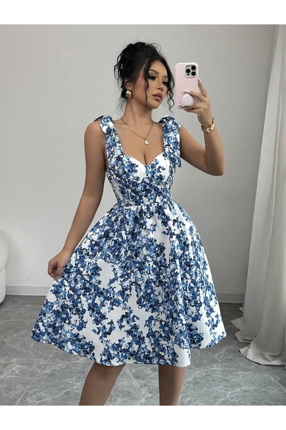 Blue Floral Bustier A-Line Cami Dress With Ruffled Shoulders For Women