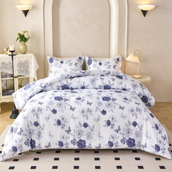 3-Piece Floral Comforter Set King Size, Blue and White Botanical Style, Soft Microfiber All-Season Bedding for Adults & Teens