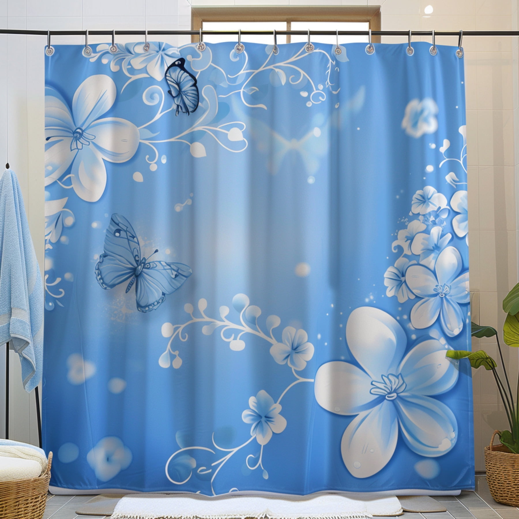 Blue Floral Butterfly Bathroom Curtain White Flowers & Butterflies Sky