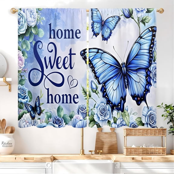 Blue Floral Butterfly Kitchen Curtains 27.5W X 39L Inch 2 Panel Rod Pocket Farmhouse Flower Spring Home Sweet Small Short Cafe Tier Window Drape Treatment Cute Blue Rose Summer Bathroom Decor