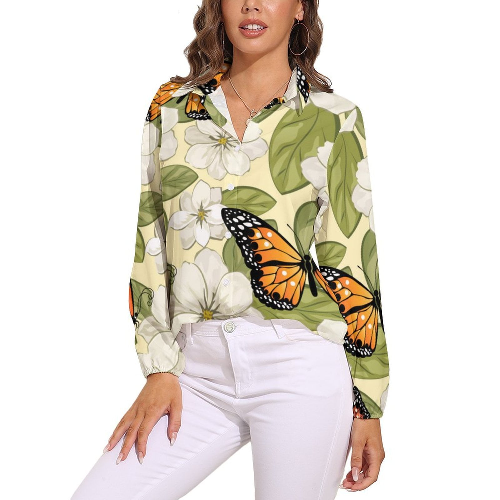 Blue Floral Butterfly Long Sleeve Blouse Woman Streetwear Casual Shirts ...