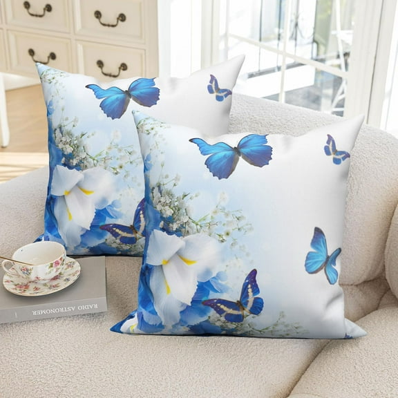 Blue Floral Butterfly Throw Pillow Covers 18x18 Set of 2,Spring Wildflower Decorative Pillow Cases for Bedroom Sofa Couch