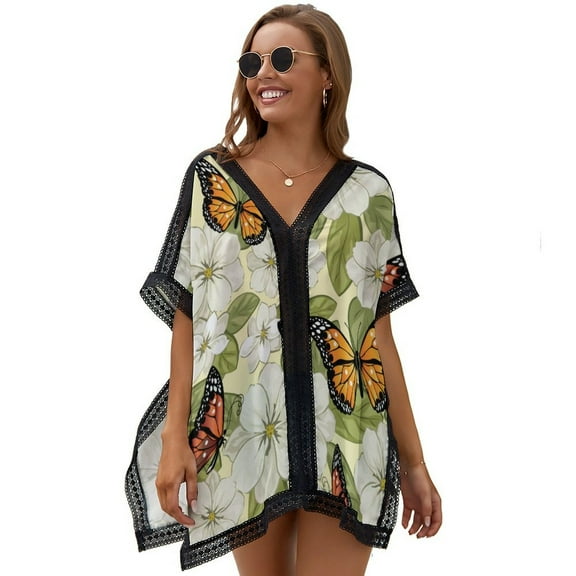 Blue Floral Butterfly Women's Swimsuit Coverup Summer Beach Cover Up Bathing Suit Dress