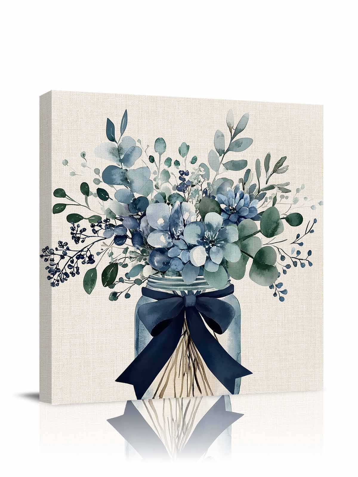 Blue Floral Canvas Wall Art, Pastoral Eucalyptus Leaf Bow Vase Framed Wall Decor Modern Artwork Prints Painting for Living Room, Bedroom, Kitchen & Cafe Decor 12x12 Inch