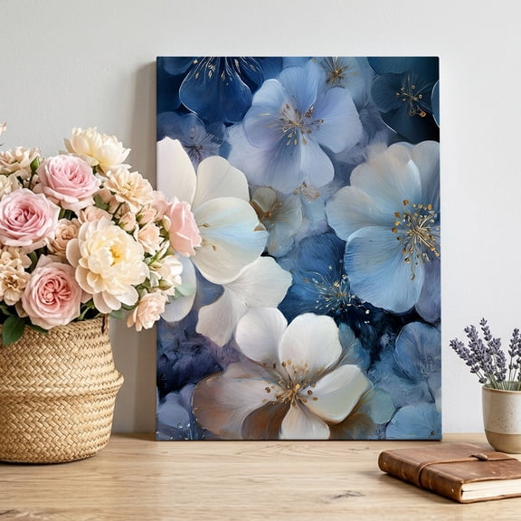 Blue Floral Canvas Wall Art, Summer Spring White Blue Floral Pictures Wall Decor Wooden Framed Artwork Art Prints for Living Room Hallway Bedroom Office 11"x14"