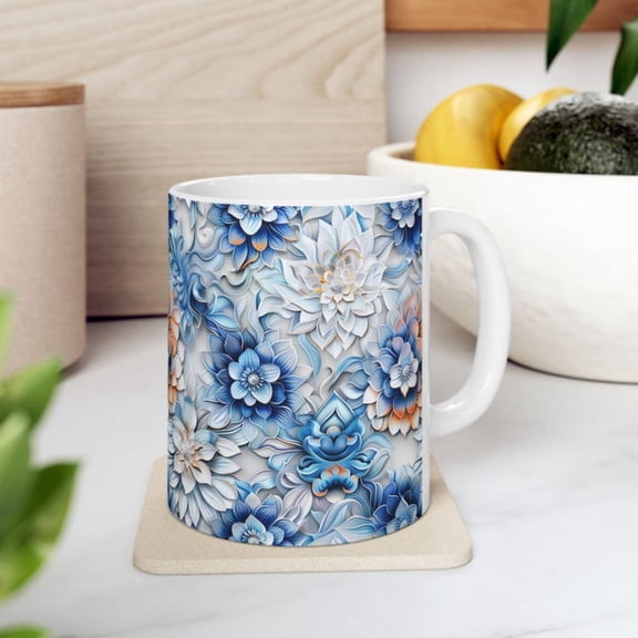 Blue Floral Ceramic Mug Perfect Gift Flower Lovers, Home Dr, Coffee Enthusias, Mother's Day, Tea Time.