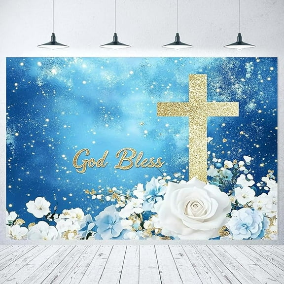 Blue Floral Christian Cross Backdrop First Holy Communion Photography Background God Bless Baby Shower Party Cake Table Banner Decoration Supplies Photo Booth Props