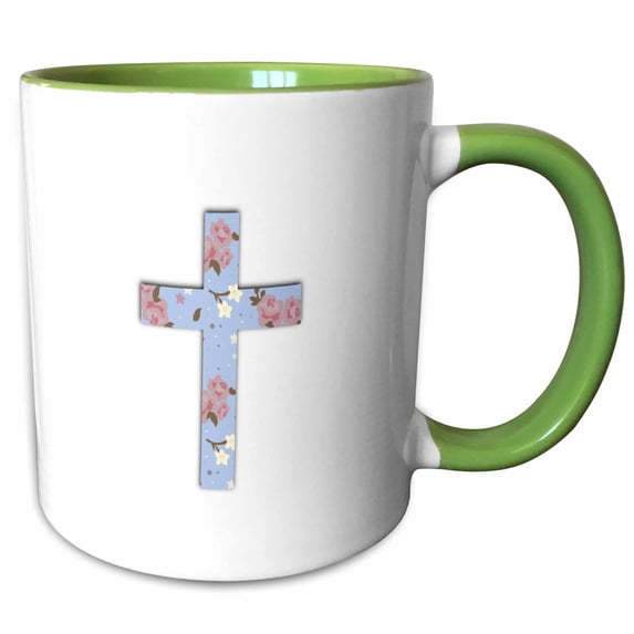 3drose, Blue Floral Christian Cross - Girly Pink Rose Flower Pattern Crucifix, 15oz Two-tone Green Mug