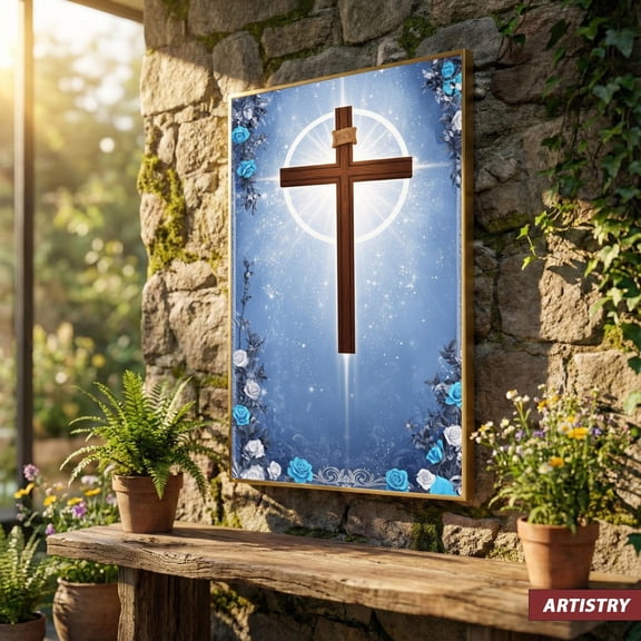 Blue Floral Christian Cross Print