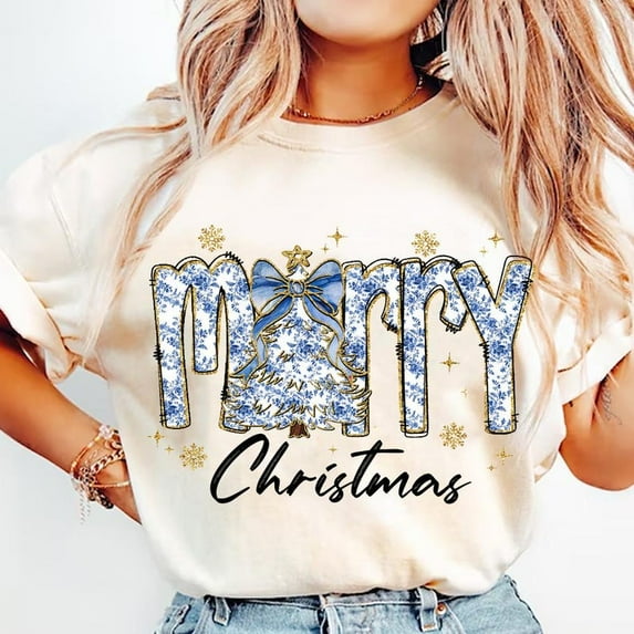 Blue Floral Christmas Tree T-Shirt, Grand Chinoiserie Tree Tee, Dalmatian Bow Holiday Shirt