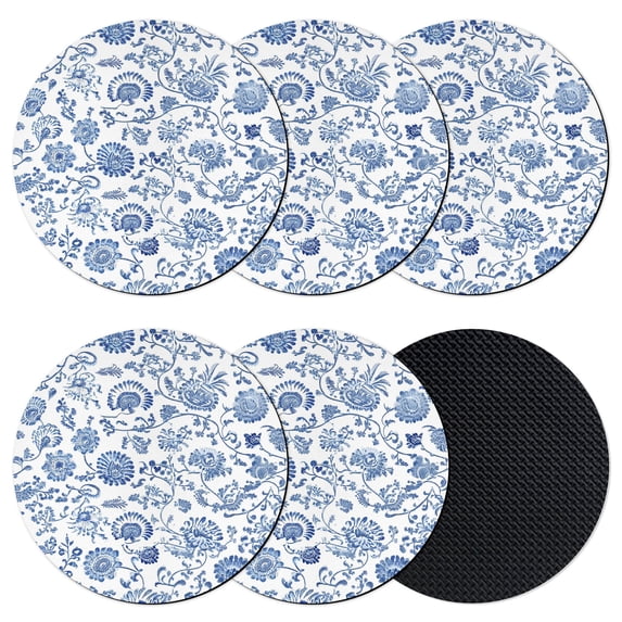 Blue Floral Coasters Set of 6, Absorbent Coasters for Drinks, Elegant Botanical Vintage Classic Art Coaster for Desk Coffee Table Protection, Home Decor House Warming Gifts 4"