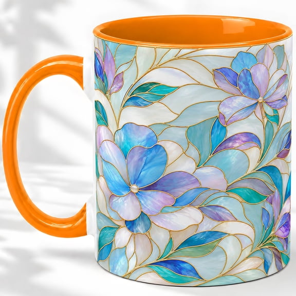 Blue Floral Coffee Mug, Stained Glass Bloom Art, Calm Daily Sips for Tea
