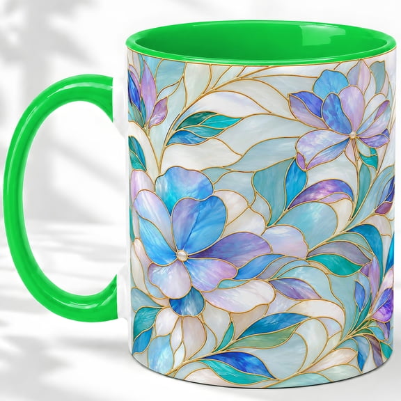 Blue Floral Coffee Mug, Stained Glass Bloom Art, Calm Daily Sips for Tea