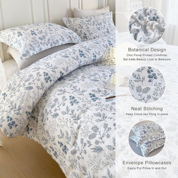 Blue Floral Comforter Set Full White Soft Microfiber 3-Piece Boho Floral Bedding Set for Women with 2 Pillowcases Vintage Garden Botanical Bedding Full Size Comforter Set for All-Season