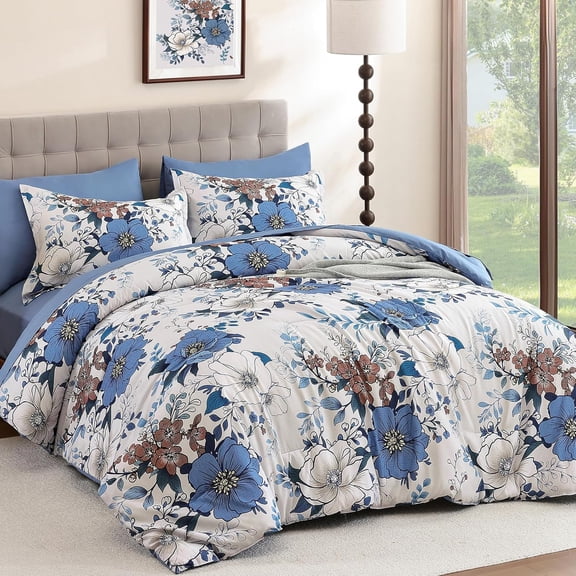 Blue Floral Comforter Set King Size 7 Pieces Bed in a Bag Flower Boho Comforter Set with Sheet, Pillowcases, Pillowshams, Soft Microfiber Bedding Set for All Season (King 104''x90'')