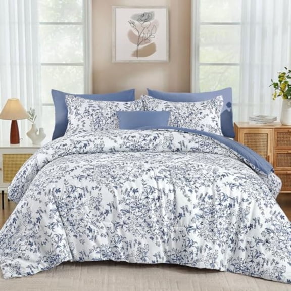 Blue Floral Comforter Set King Size 8 Pieces Flower Botanical Bed in a Bag Bedding Set Soft Microfiber Comforter Sheets Pillowcases and Shams 90"x104"
