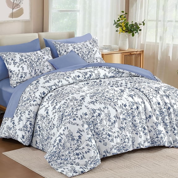 Blue Floral Comforter Set Queen Size, 8 Pieces Flower Botanical Bed in a Bag Bedding Set, Soft Microfiber Comforter, Sheets, Pillowcases & Shams (90"x90")
