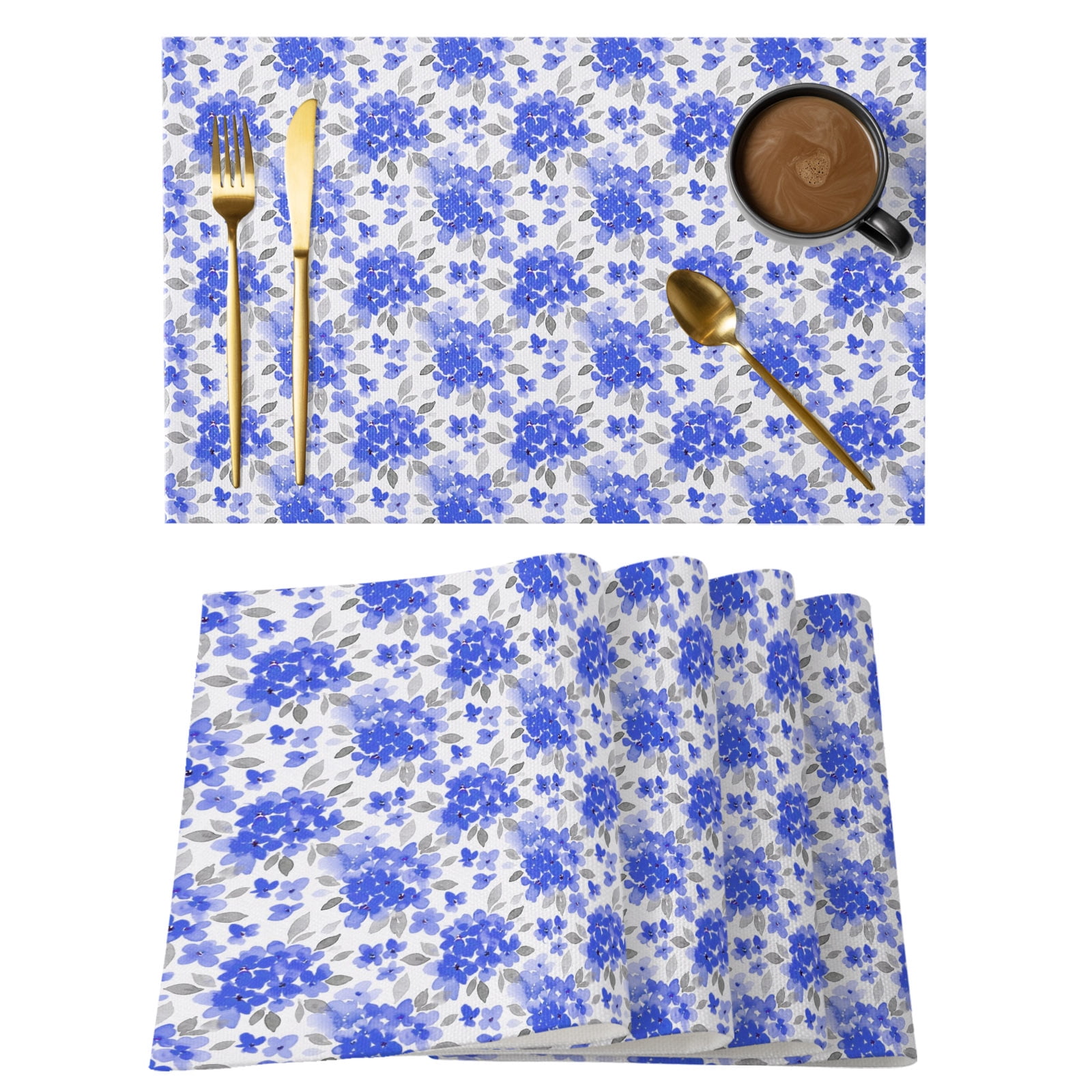 Blue Floral Cotton Linen Placemats Set of 8, Farmhouse Watercolor ...