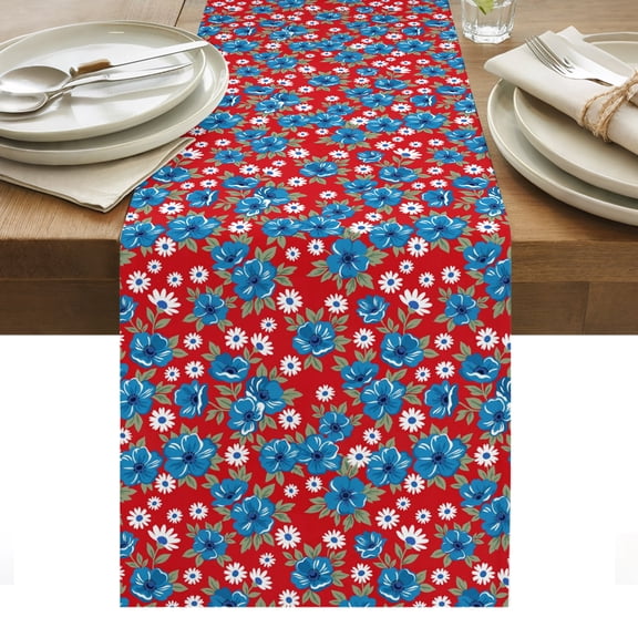 Blue Floral Cotton Linen Table Runner Flower Leaves Farmhouse Red Background Dining Table Runners for Home Decor Party Dining Room Restaurant Kitchen Party 13" x 36"