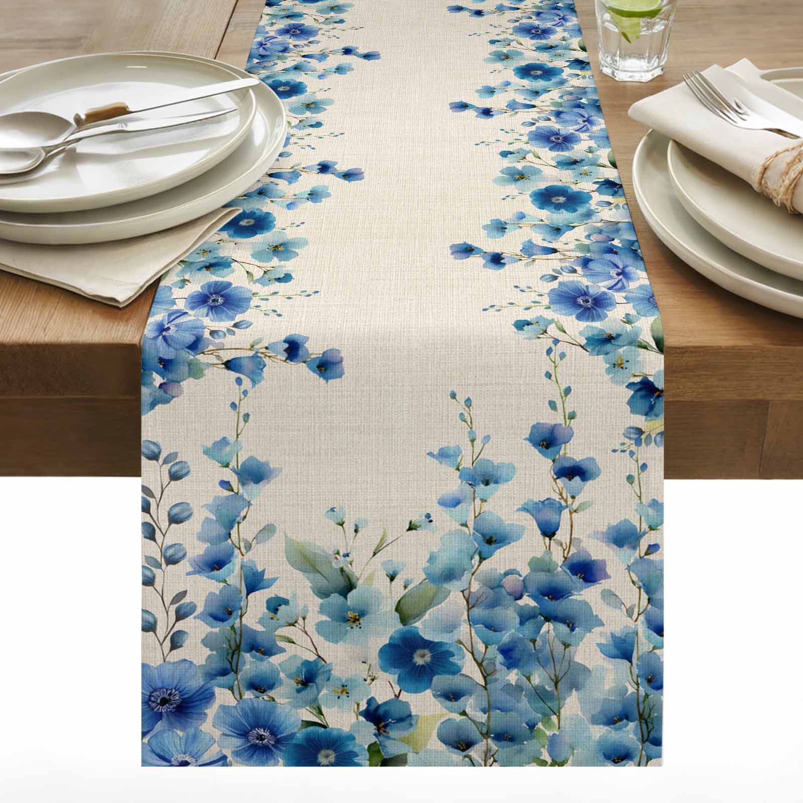 Blue Floral Cotton Linen Table Runner Watercolor Spring Gradient Blue ...