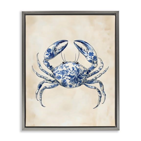 Stupell Industries Blue Floral Crab Gray Framed Floater Canvas Wall Art, design by Arlington Prints, 31 x 25