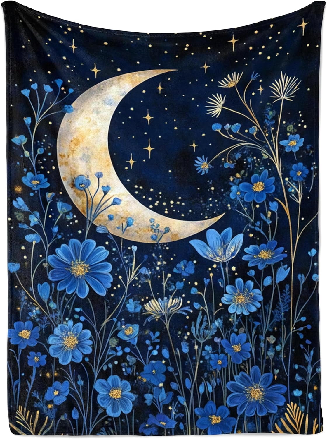 Blue Floral Crescent Moon Tapestry Celestial Night Sky Wall Hanging ...