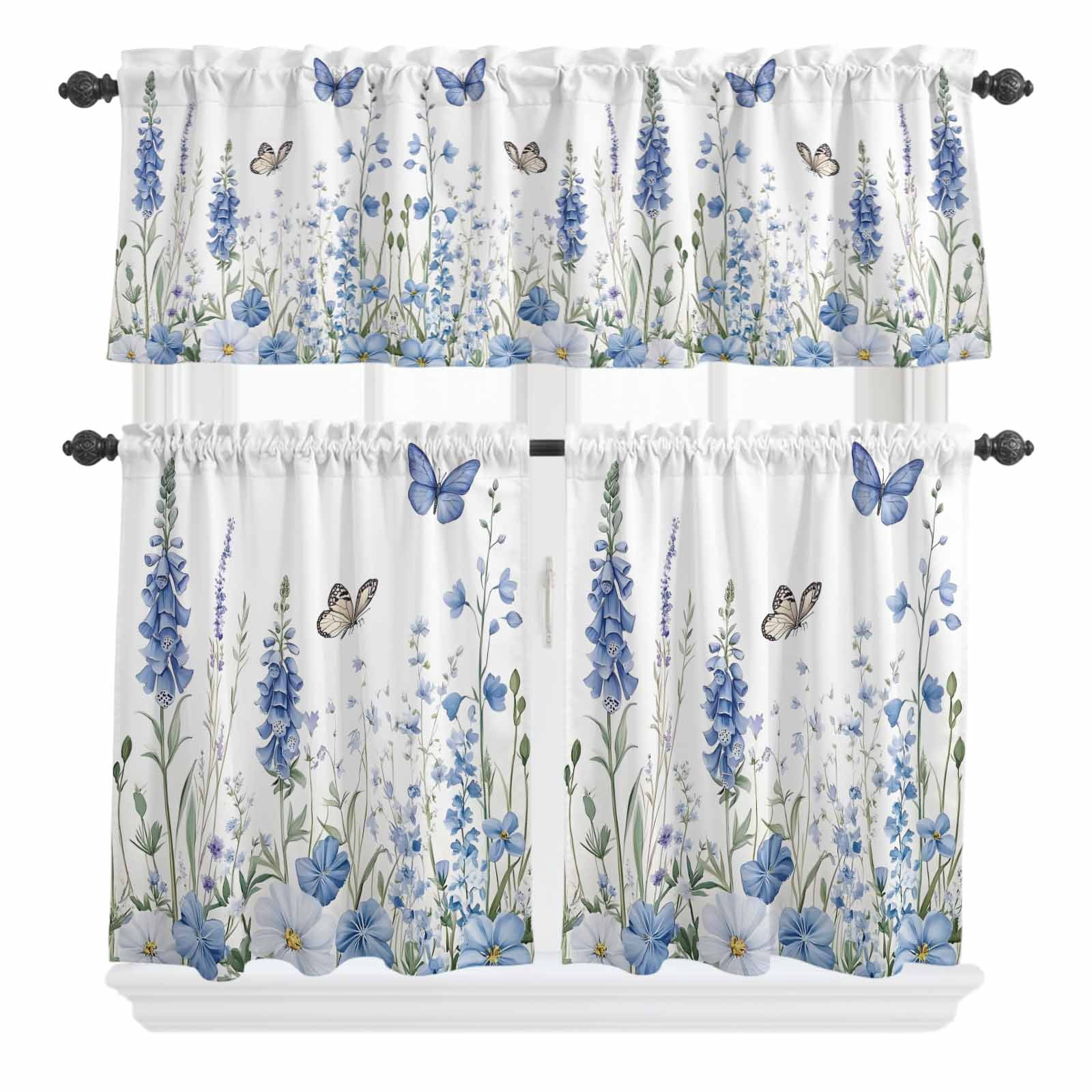 Blue Floral Curtain Valances Set Spring Wildflowers Bluebells Butterfly