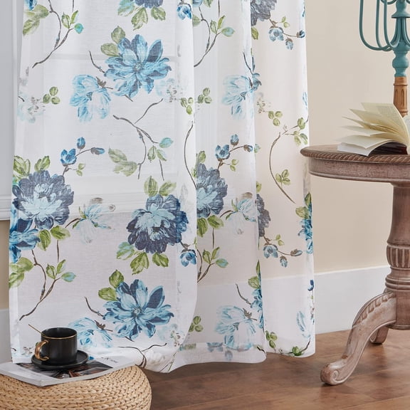 Blue Floral Curtains 63 Inch Length 2 Panels Set Rod Pocket Flower Sheer Curtains for Bedroom Living Room Victorian Semi Sheer Slub Linen Textured Drapes French Country Modern Decor, 52x63