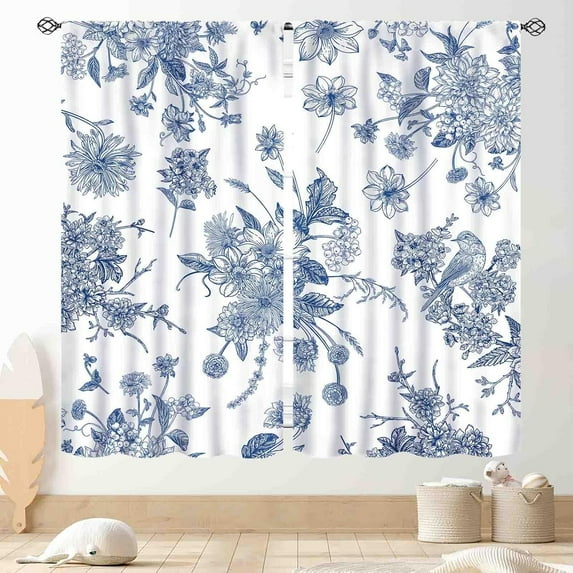 Blue Floral Curtains, Boho Vintage Flower Leaf Chinoiserie Retro Spring Oriental Asian Style Aesthetic Window Curtains for Living Room Bedroom Kitchen Bathroom 2 Panels, 42"x63" Inch