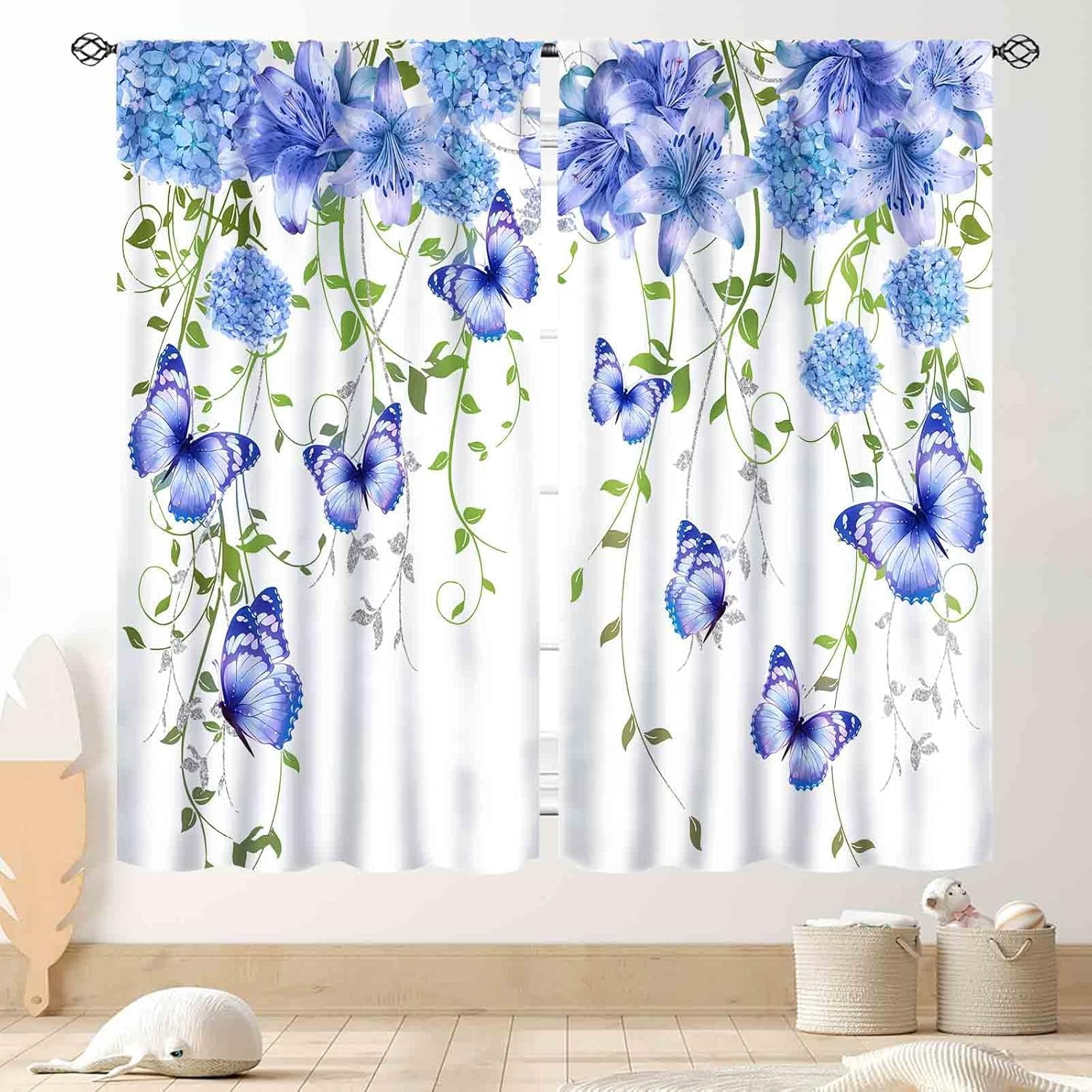 Blue Brown Botanical Kitchen Curtains...