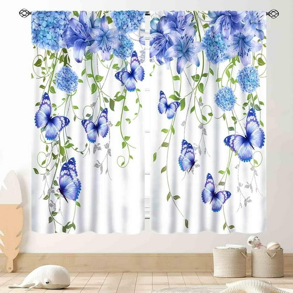 Blue Floral Curtains, Spring Flower Butterfly Floral Farmhouse Country Kitchen Drapes Eucalyptus Leaves Blackout Window Treatments for Living Room Bedroom Cafe 2 Panel Sets, 42"x54" Inch