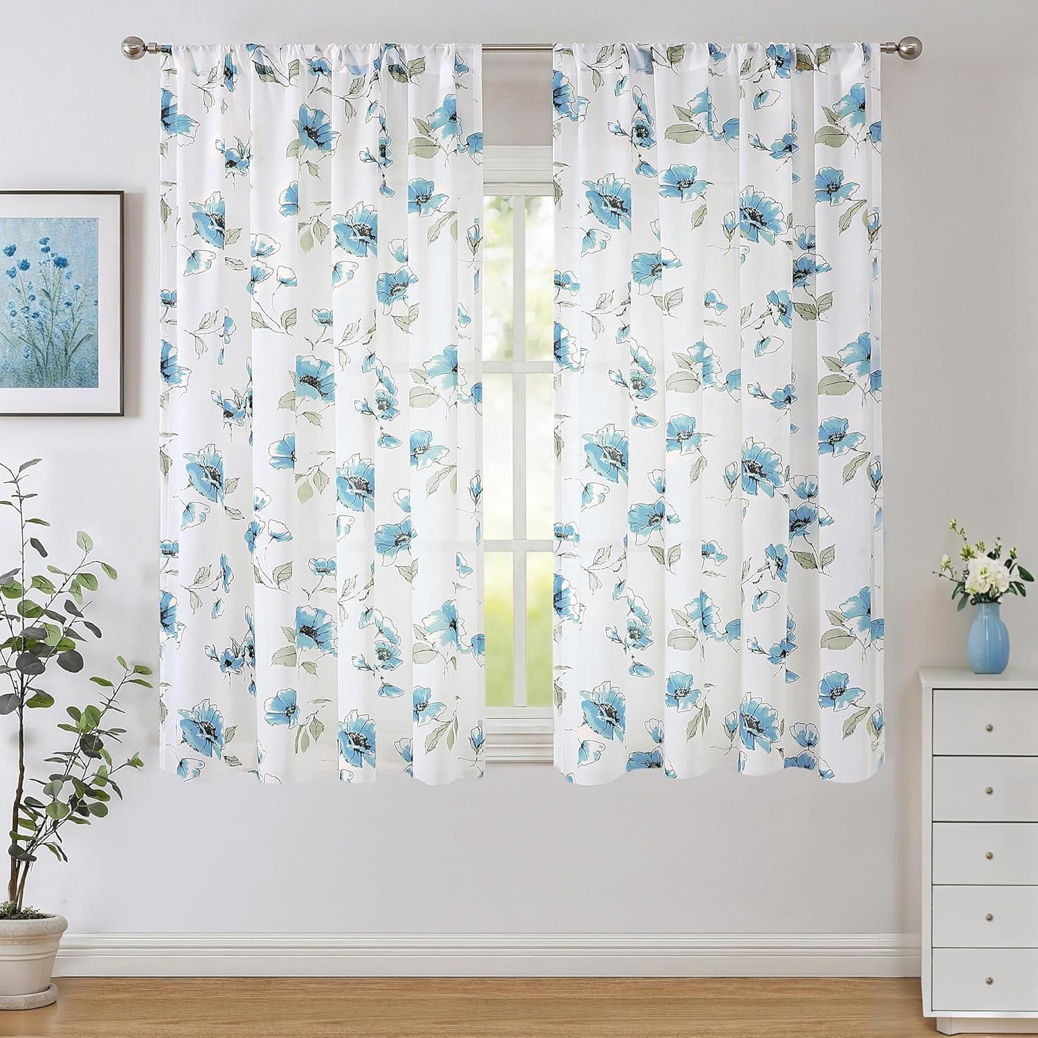 Blue Floral Curtains for Living Room, Rustic Country Flower Patterned