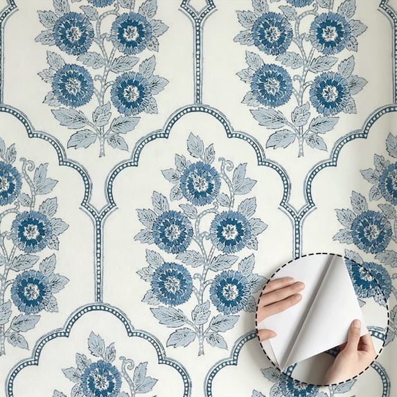Blue Floral Damask Wallpaper Vintage Farmhouse Peel and Stick Waterproof Home Decor for Living Room Bedroom Kitchen Cabinet Rental Property Removable Self Adhesive Wall Decoration 17.7 * 118 in