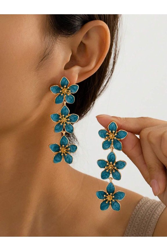 Blue Floral Dangle Earrings With Enamel Petals And Goldtone Setting