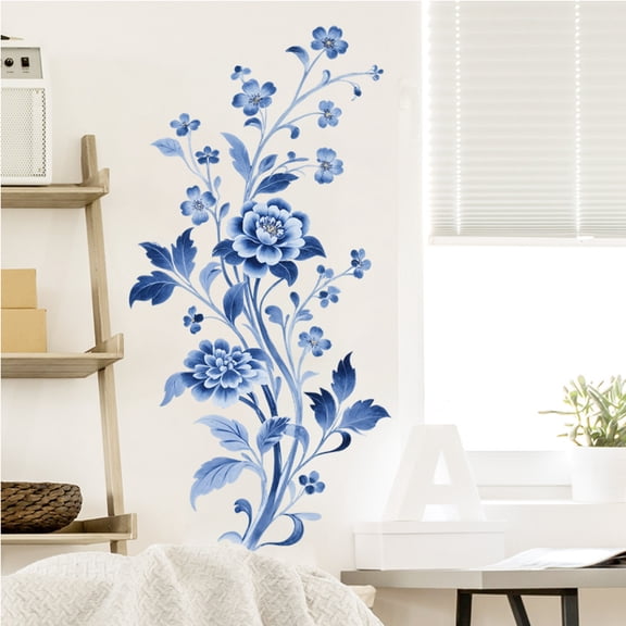 Blue Floral Decals Wall Decorative Peel and Stick 11x22.8 Inch Traditional Flower Pattern Wall Stickers for Living Room Bedroom
