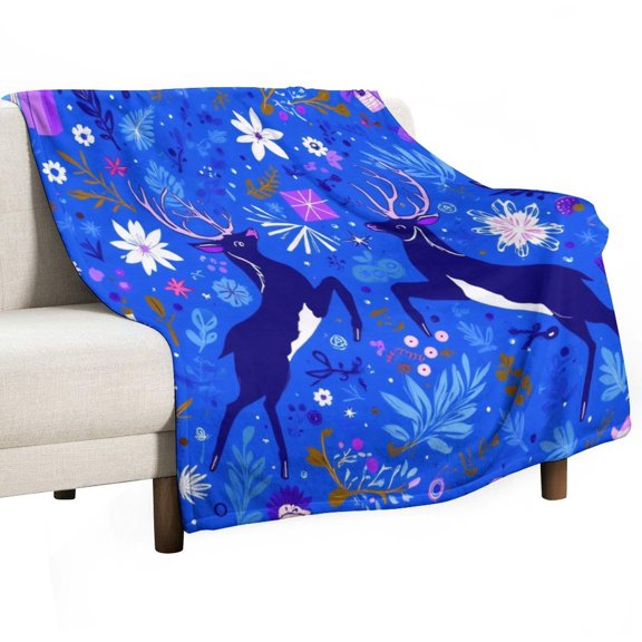 Blue Floral Deer Pattern Blanket Soft Throw Warm Lightweight Plush Blanket for Couch Bed Sofa