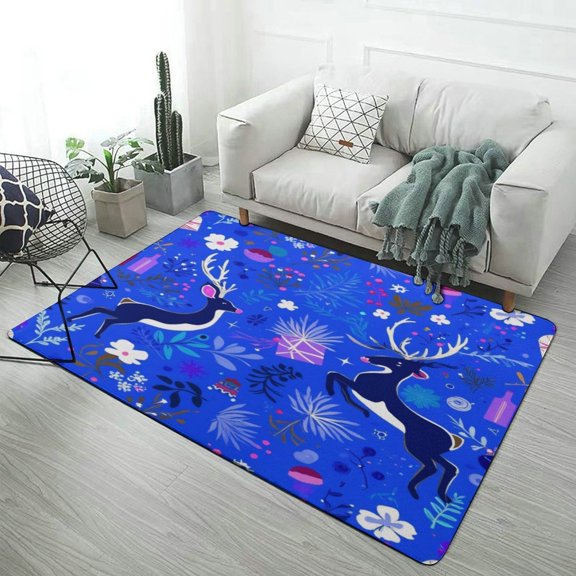 Blue Floral Deer Pattern Home Decor Living Room Carpet Non-slip Hotel Lobby Floor Mat Kitchen Bedroom Entrance Doormat Mats