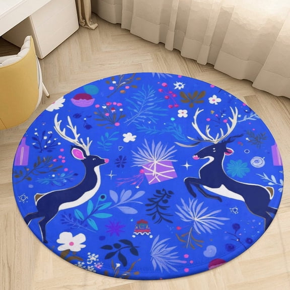 Blue Floral Deer Pattern Round Area Rugs for Bedroom Living Room, 4FT Soft Comfy Indoor Circle Carpets, Floor Mat