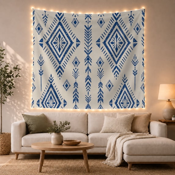 Blue Floral Diamonds in Open Ivory Columns, Dramatic Boho for Home Decor Lovers, Geometric Wall Art, Housewarming Gift, Tapestry Wall Hanging for Studio and Living Room