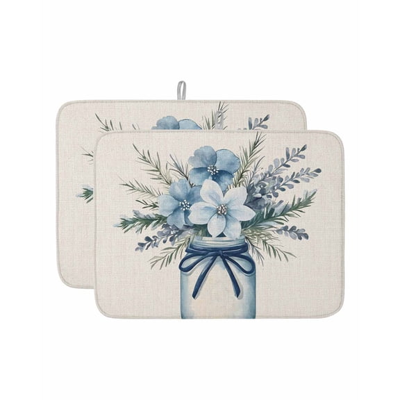 Blue Floral Dish Drying Mat 18x24 inch Vintage Daisy in Vase Farmhouse Flower Summer Super Absorbent Microfiber Dish Drying Pad for Kitchen Countertops Sink Dish Drainer Racks Coffee Bar Mats 2 Pack