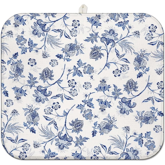 Blue Floral Dish Drying Mat for Kitchen Counter, French Farmhouse Style Microfiber Drying Rug, Washable and Absorbent Kitchen Countertop Dish Drainer, 16x18 Inch