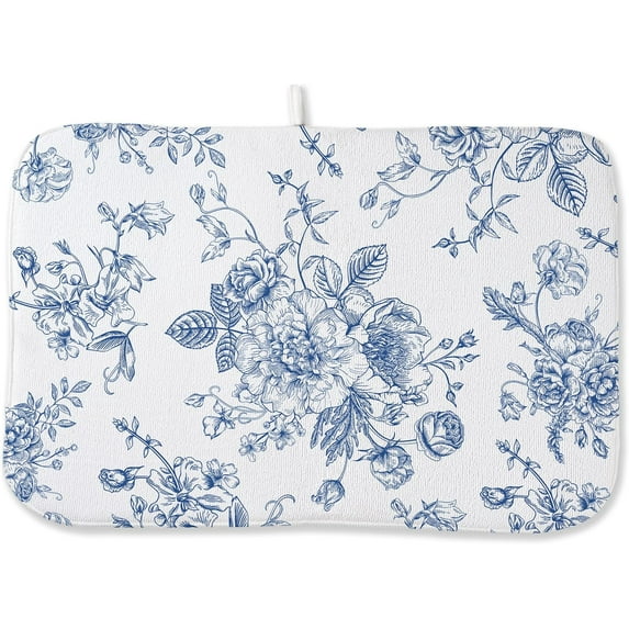 Blue Floral Dish Drying Mats 18x24 Inch Blue and White Chinoiserie Flower Drying Mats Seasonal Vintage Decorative Coffee Bar Mat Absorbent Fast Drying for Kitchen Dining Room Decor