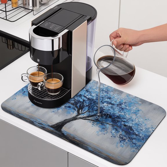 Blue Floral Dish Drying Mats for Kitchen Counter, Classical Flower Botanical Abstract Modern Oil Painting Absorbent Coffee Bar Mat with Non-slip Rubber Backed Quick Drying Dish Rack Pad 16"x24"